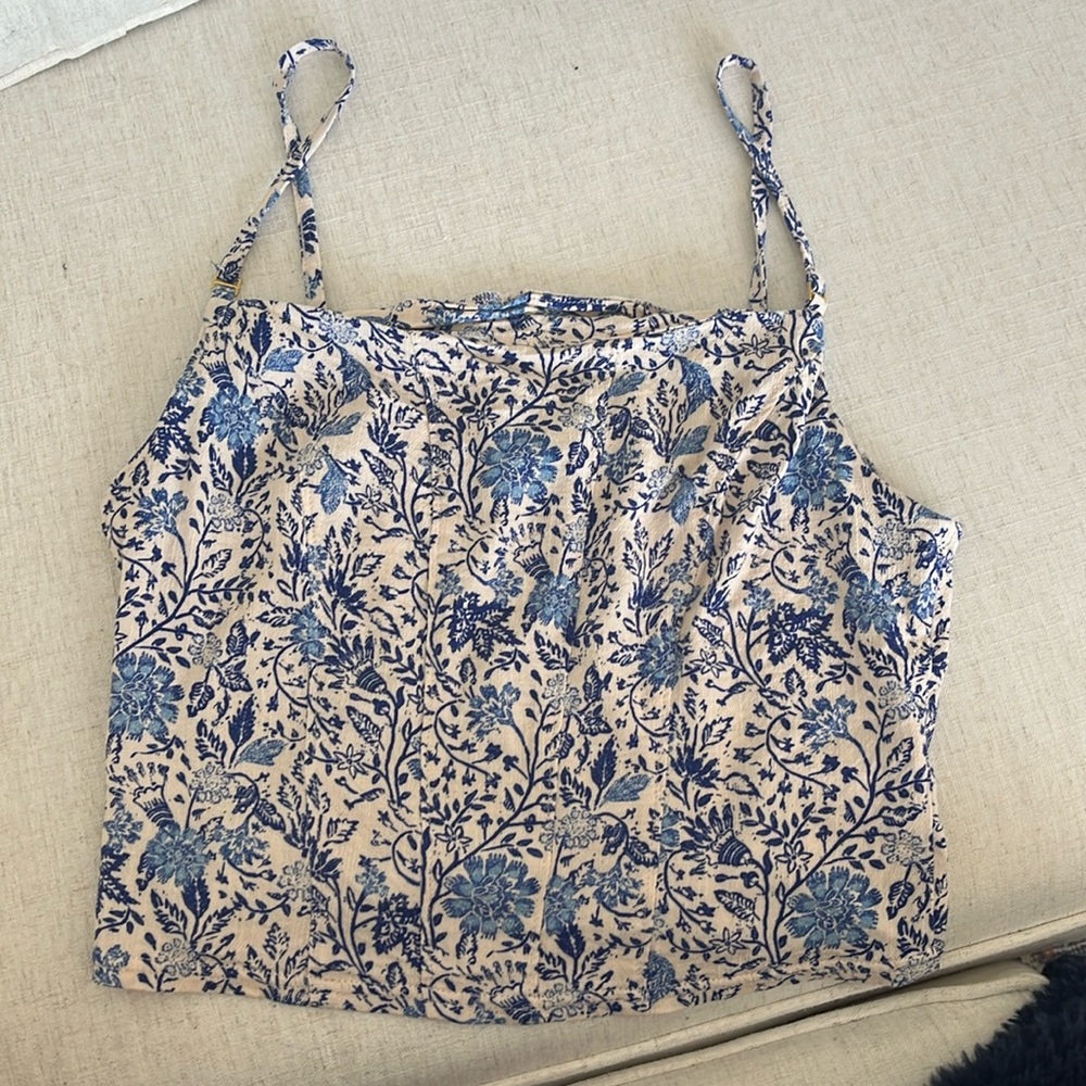 FREE People Back Ivory/Blue on Track Printed Cropped Cami Top